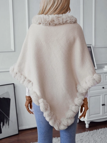 Women Vintage Knit Poncho Shawl With Faux Fur Collar Plaid Batwing Sleeve Winter Warm Oversized Cloak Cape Outerwear