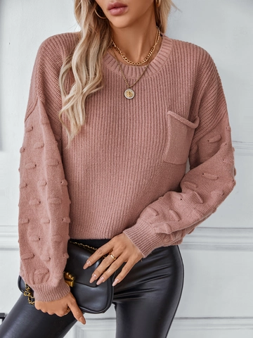 Suéter de Punto de Pelo de Conejo Holgado para Mujer Top Casual de Cuello Redondo Color Sólido Con Bolsillo Manga de Burbuja Texturizada