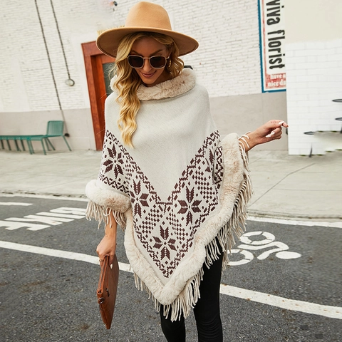 Damen Gestrickter Poncho Umhang Mit Kunstfellkragen Künstliche Perle Quastensaum Schneeflockenmuster Warmer Schal Umhang