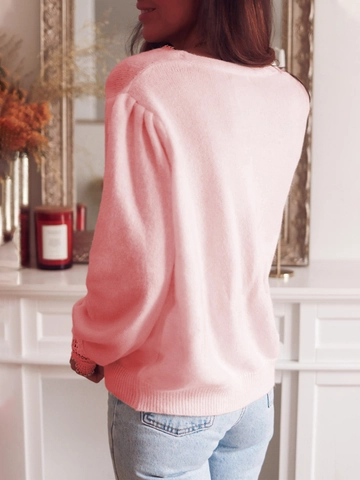Cárdigan de Punto Elegante con Patchwork de Encaje Cuello en V Mujer Suave Suéter de Manga Larga Top Vintage Color Sólido