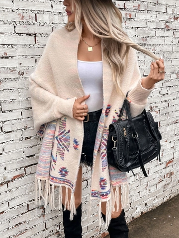 Ethnic Geometric Jacquard Tassel Shawl Cardigan Polyester Bohemian Open Front Long Sleeve Sweater Coat For Women