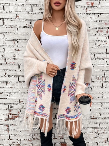 Ethnic Geometric Jacquard Tassel Shawl Cardigan Polyester Bohemian Open Front Long Sleeve Sweater Coat For Women