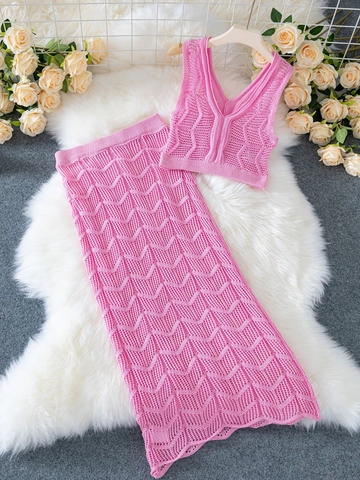 Vrouwen Sexy Roze Gehaakt Gebreid Tweedelig Set V Hals Mouwloos Crop Top Hoge Taille Bodycon Maxi Rok Opengewerkt Strand Outfits