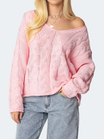 Suéter de Mujer Rosa de Punto de Cable Cuello en V Suelto Hombros Descubiertos Manga Larga Otoño Casual Suave de Acrílico