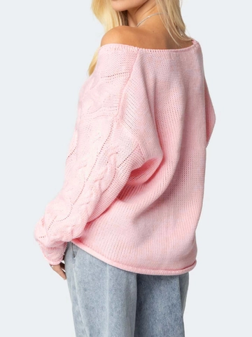 Suéter de Mujer Rosa de Punto de Cable Cuello en V Suelto Hombros Descubiertos Manga Larga Otoño Casual Suave de Acrílico
