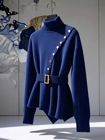 Women Elegant Turtleneck Knit Sweater Gold Crest Buttons High Neck Long Sleeve Solid Royal Blue Irregular Hem Pullover Knitwear