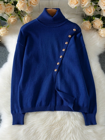 Women Elegant Turtleneck Knit Sweater Gold Crest Buttons High Neck Long Sleeve Solid Royal Blue Irregular Hem Pullover Knitwear