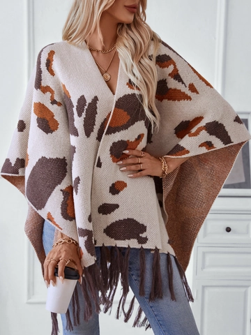Women's Leopard Print Knit Tassel Poncho Shawl Oversized Bohemian Style Loose Wrap Batwing Sleeve Autumn Winter Polyester Cloak