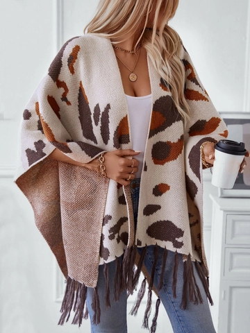 Women's Leopard Print Knit Tassel Poncho Shawl Oversized Bohemian Style Loose Wrap Batwing Sleeve Autumn Winter Polyester Cloak