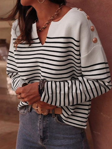 Women Elegant Striped V Neck Long Sleeve Knitted Sweater With Gold Decorative Shoulder Buttons Casual Pullover Top