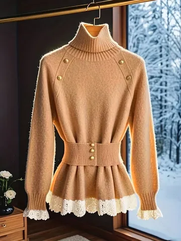 Maglione Dolcevita da Donna Elegante Slim Fit Bottoni d'Oro Patchwork in Pizzo Cintura Khaki Maglia a Maniche Lunghe