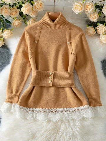 Maglione Dolcevita da Donna Elegante Slim Fit Bottoni d'Oro Patchwork in Pizzo Cintura Khaki Maglia a Maniche Lunghe