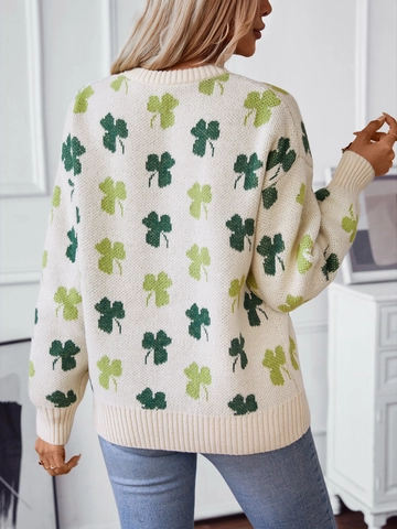 Suéter de Punto Jacquard de Trébol para Mujer Ajuste Holgado Cuello Redondo Manga Larga Día de San Patricio Casual