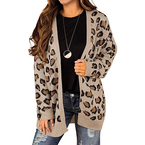 Gilet en Maille Décontracté pour Femmes Imprimé Léopard Mélange de Coton Manches Longues Ouvert Devant Pull Avec Poches