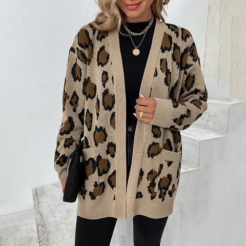 Gilet en Maille Décontracté pour Femmes Imprimé Léopard Mélange de Coton Manches Longues Ouvert Devant Pull Avec Poches