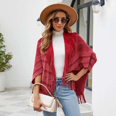 Women's Striped Knit Poncho Cape With Tassels Open Front Polyester Shawl Wrap For Autumn Winter Warm Daily Outerwear