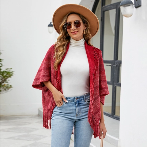 Women's Striped Knit Poncho Cape With Tassels Open Front Polyester Shawl Wrap For Autumn Winter Warm Daily Outerwear