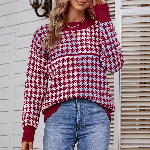 Dames Hahnentritt Gebreide Trui Kleurblok Ronde Hals Losse Pasvorm Lange Mouw Acryl Nylon Polyester Mix Pullover Top
