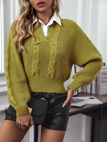 Pull Femme Vintage en Poil de Lapin Torsadé Faux Deux Pièces Col Chemise Manches Lanterne Haut Automne Hiver