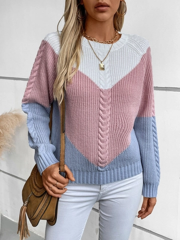 Vintage Damen Rabbit Hair Pullover Mit Farbblock Und Zopfmuster Lockere Passform Rundhalsausschnitt Kontrast Strickoberteil Winter
