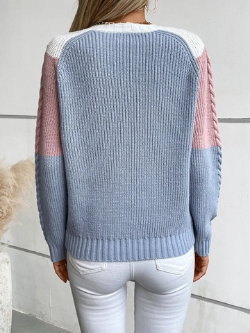 Vintage Damen Rabbit Hair Pullover Mit Farbblock Und Zopfmuster Lockere Passform Rundhalsausschnitt Kontrast Strickoberteil Winter