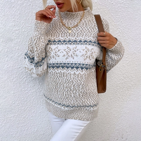 Women's Vintage Fair Isle Snowflake Knit Sweater Mock Neck Loose Long Sleeve Warm Christmas Winter Pullover Top