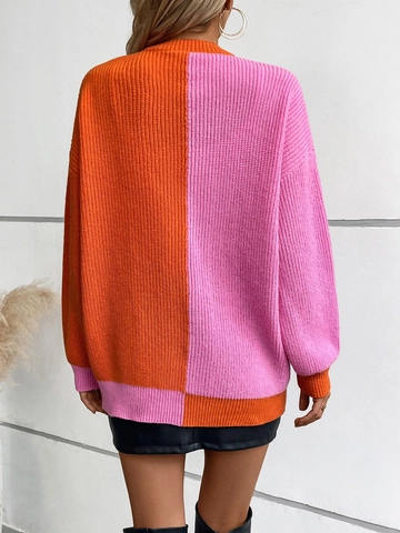 Women's Casual Color Block Knit Cardigan Loose V-Neck Long Lantern Sleeve Polyester Contrast Color Open Front Sweater Coat