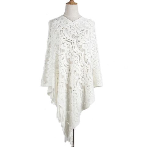 Women's Hollow Out Crochet Tassel Poncho Shawl Solid Color V-Neck Knit Hooded Cape Sweater Bohemian Wrap Top