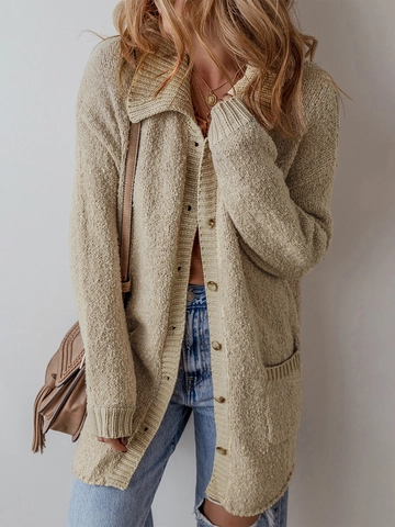 Women Loose Lapel Knit Cardigan Mid Length Solid Color Button Down Sweater Pockets Casual Streetwear Winter Warm Outwear
