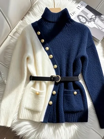 Elegante Maglione in Maglia di Pelo di Coniglio da Donna Patchwork a Blocchi di Colore Pullover a Collo Alto con Bottoni Oro Maglia Invernale Casual Larga