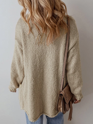 Women Loose Lapel Knit Cardigan Mid Length Solid Color Button Down Sweater Pockets Casual Streetwear Winter Warm Outwear