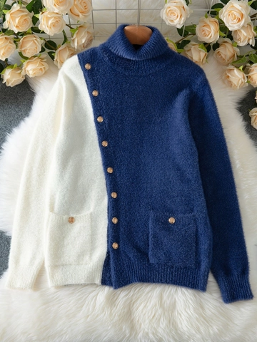 Elegante Maglione in Maglia di Pelo di Coniglio da Donna Patchwork a Blocchi di Colore Pullover a Collo Alto con Bottoni Oro Maglia Invernale Casual Larga