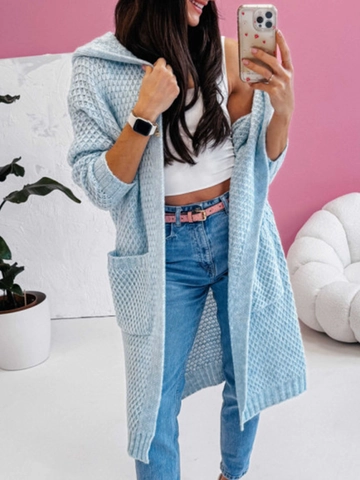 Women Long Hooded Rabbit Hair Knit Cardigan Loose Open Front Sweater Coat With Pockets Solid Color Casual Outerwear