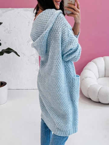 Women Long Hooded Rabbit Hair Knit Cardigan Loose Open Front Sweater Coat With Pockets Solid Color Casual Outerwear