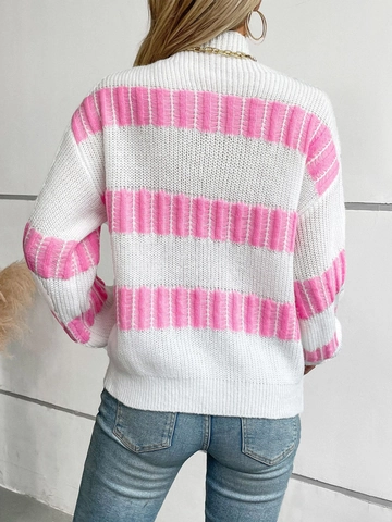 Pull-over Rayé en Poil de Lapin pour Femmes Mode Col Montant Manches Longues Tricot Ample Automne Hiver Haut Couleur Contrastée