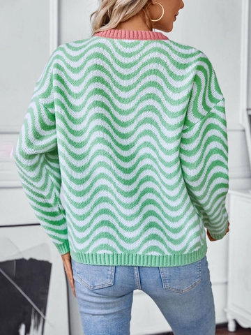 Suéter de Punto con Rayas Onduladas Chevron para Mujer Bloque de Color Cuello Redondo Manga Larga Suéter Informal de Otoño Invierno Top de Poliéster