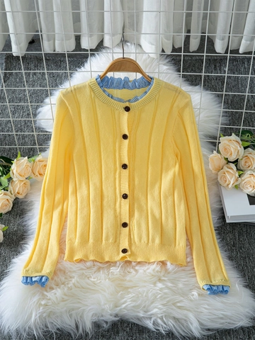Cardigan da Donna Dolce Giallo in Pelo di Coniglio Gingham con Volant Patchwork Finto Due Pezzi Maglia Aderente