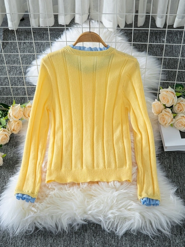 Cardigan da Donna Dolce Giallo in Pelo di Coniglio Gingham con Volant Patchwork Finto Due Pezzi Maglia Aderente