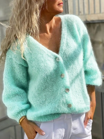 Women's V-Neck Mohair Knit Cardigan Sweater Solid Color Button Front Long Sleeve Loose Casual Autumn Winter Knitwear Jacket