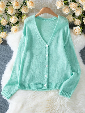 Women's V-Neck Mohair Knit Cardigan Sweater Solid Color Button Front Long Sleeve Loose Casual Autumn Winter Knitwear Jacket