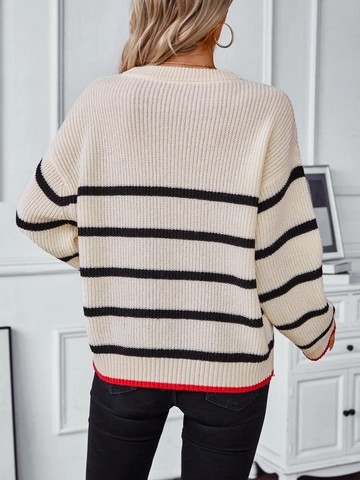 Dames Contrast Gestreepte Gebreide Trui Abrikoos Lange Mouw Ronde Hals Casual Losse Konijnenhaar Pullover Top