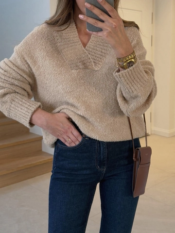 Women Elegant V-Neck Knitted Sweater Loose Solid Color Long Sleeve Pullover Ribbed Casual Fashion Warm Knitwear Jumper Top