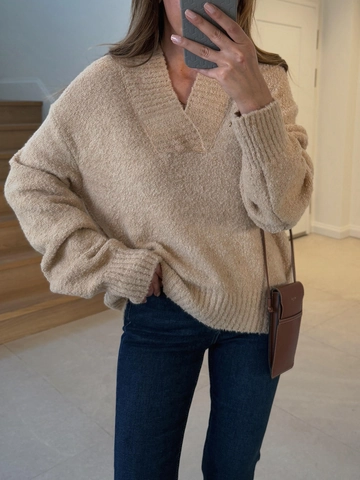 Women Elegant V-Neck Knitted Sweater Loose Solid Color Long Sleeve Pullover Ribbed Casual Fashion Warm Knitwear Jumper Top