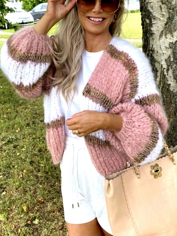 Cárdigan de Punto a Rayas Elegante para Mujer Acrílico Suave Manga de Linterna Abierto por Delante Suéter Bloque de Color Moda Otoño Invierno
