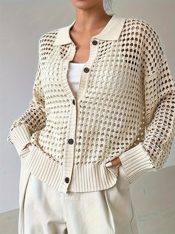 Women Elegant Hollow Out Knitted Cardigan Solid Color Long Sleeve Single Breasted Polo Collar Lightweight Sweater Top