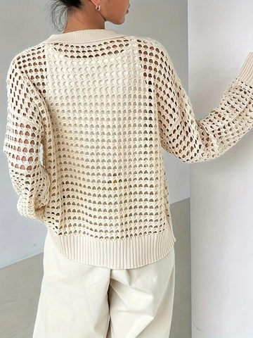 Women Elegant Hollow Out Knitted Cardigan Solid Color Long Sleeve Single Breasted Polo Collar Lightweight Sweater Top