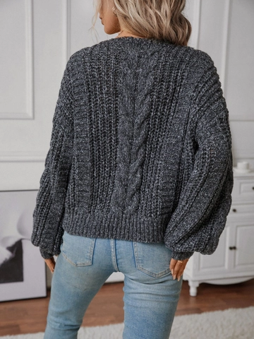 Dames Casual V Hals Kabelgebreide Trui Losse Lantaarnmouw Effen Kleur Grofgebreide Jumper Tops Herfst Winter