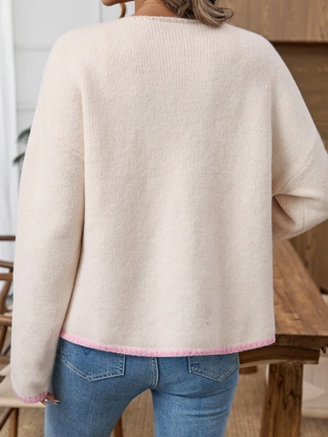 Women Elegant Contrast Color Knitted Cardigan Bow Tie Front Loose Pocket Knitwear Sweater Casual Commuter Top