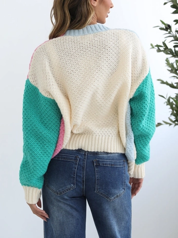 Cárdigan de Punto de Retazos con Bloques de Colores para Mujer Cuello en V Manga Larga Suéter Informal de Punto Grueso con Botones