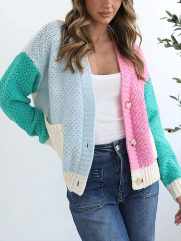 Cárdigan de Punto de Retazos con Bloques de Colores para Mujer Cuello en V Manga Larga Suéter Informal de Punto Grueso con Botones